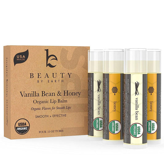 Organic Lip Balm - 4 Pack Organic Gifts for Women, Vanilla Bean & Honey All Natural Lip Balm Valentine'S Day Gifts, Lip Balm Hydrating Beauty Gifts for Adults, Women, Men & Teens, Lip Moisturizer